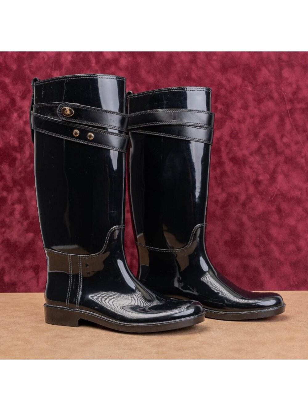 Coach Women Black Gloss Riding Equestrian Wellies Rubber Boots sz 11